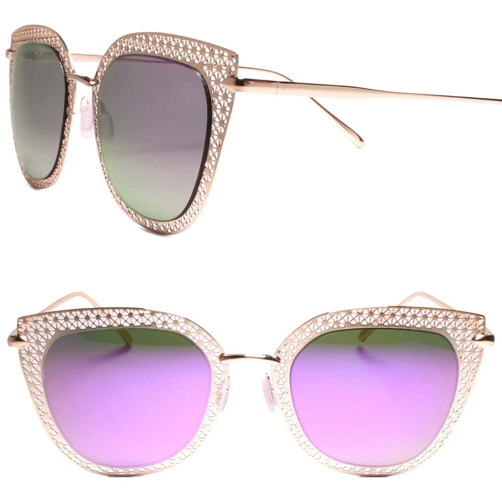 Modern Stylish Chic Purple Mirrored Lens Cat Eye Sunglasses Gold Laser Cut Frame